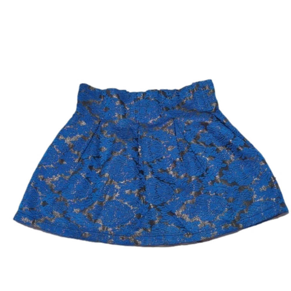 AX‎ Paris Girls Skirt Royal Blue Black Metallic Foil Pleated Mini Size 14